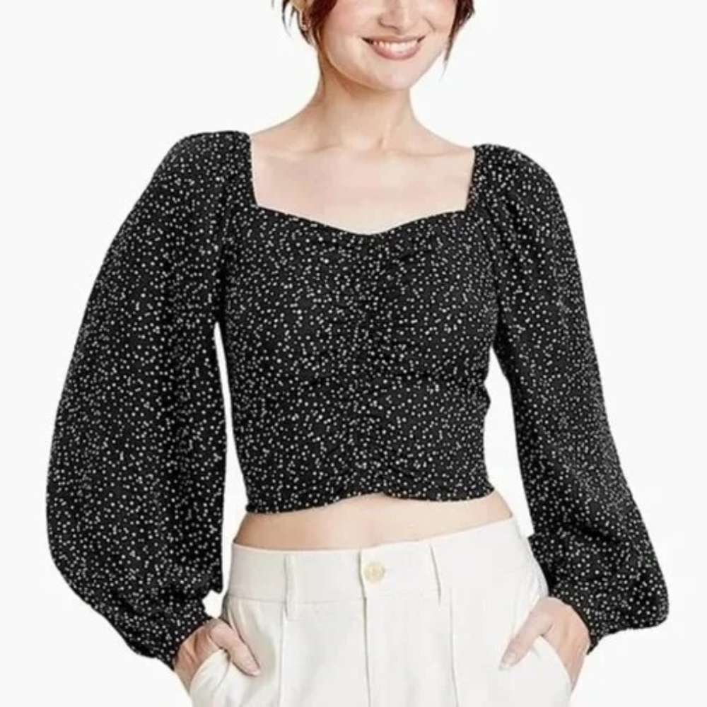 A New Day Black Polka Dot Ruched Long Sleeve Crop Top Medium